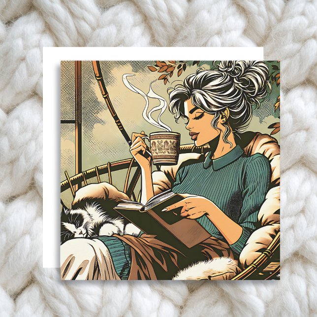 Cosy Lady Reading with Coffee and Cat Card (Creator Uploaded)