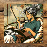 Cosy Lady Reading with Coffee and Cat Card Poster<br><div class="desc">A pretty lady relaxing in her cosy Papasan chair reading a book,  drinking coffee with a cute black and white cat sleeping on her lap.</div>