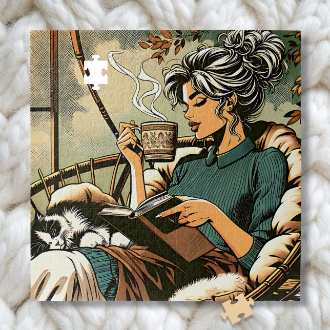 Cosy Lady Reading with Coffee and Cat Jigsaw Puzzle (Creator Uploaded)
