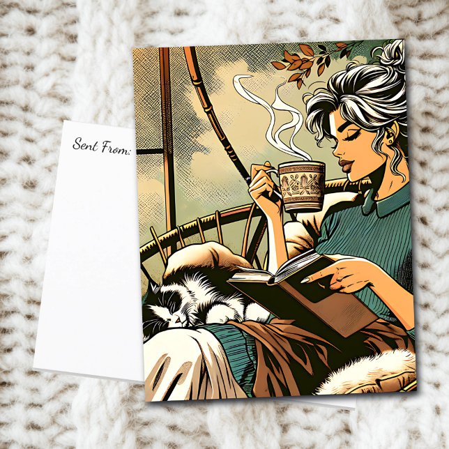Cosy Lady Reading with Coffee and Cat Postcard (Creator Uploaded)