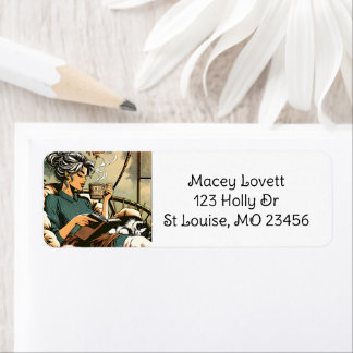 Cosy Lady Reading with Coffee and Cat Return Address Label