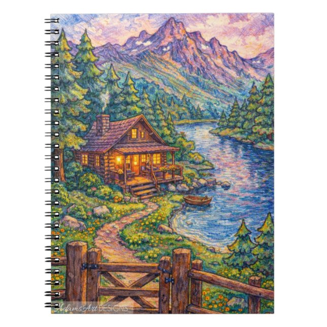 Cosy Lakeside Cabin Mountain Landscape Art Notebook (Front)