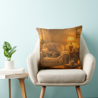 Cosy Lamp‑Lit Cat Corner Throw Pillow