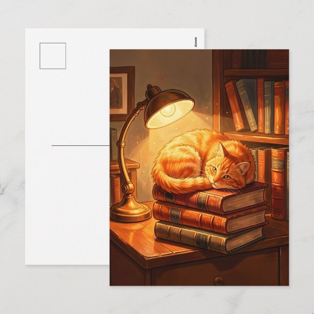 Cosy Library Cat Postcard - Bookworm Gift Art  (Front/Back)