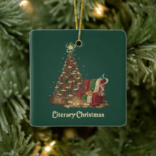 Cosy Literary Christmas Tree of Books Book Lover Ceramic Ornament