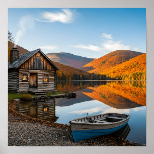 Cosy Log Cabin Fall Autumn Lake Reflection Poster