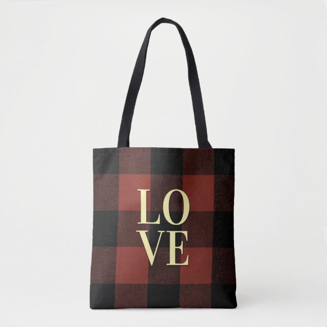 Cosy Love Red and Black Plaid Flannel Design Tote Bag (Front)
