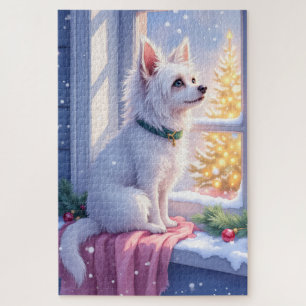 Cosy Maltese by Snowy Window Christmas Dog Art Jigsaw Puzzle