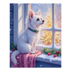 Cosy Maltese by Snowy Window Christmas Dog Art Poster
