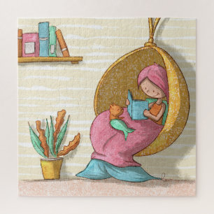 Cosy Mermaid Reading with Cat Mermaid Illustrated Jigsaw Puzzle