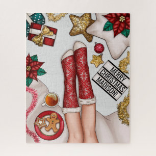 Cosy Merry Christmas Gingerbread Red Sweater Socks Jigsaw Puzzle
