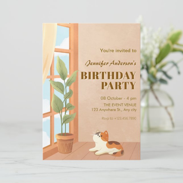 Cosy minimalist cat home birthday invitation (Standing Front)