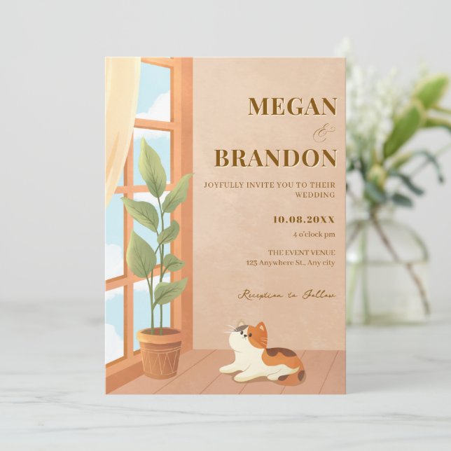 Cosy minimalist cat home wedding invitation (Standing Front)