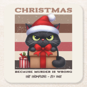 Cosy Mocha Mousse Funny Cat Retro Christmas Square Paper Coaster
