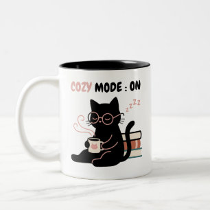 Cosy Mode On Cute Black Cat Coffee Books T-Shirt Two-Tone Coffee Mug