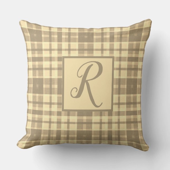 Cosy modern beige and brown plaid monogram cushion (Front)