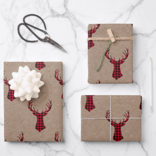 Cosy Modern Deer Kraft Plaid Christmas  Wrapping Paper Sheet