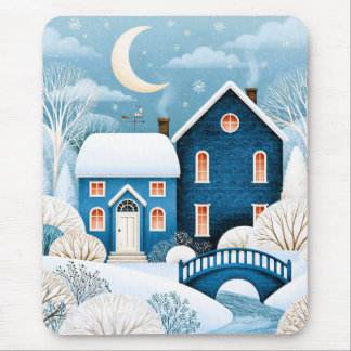Cosy Moon Winter Village Snowy Cottage Mouse Pad