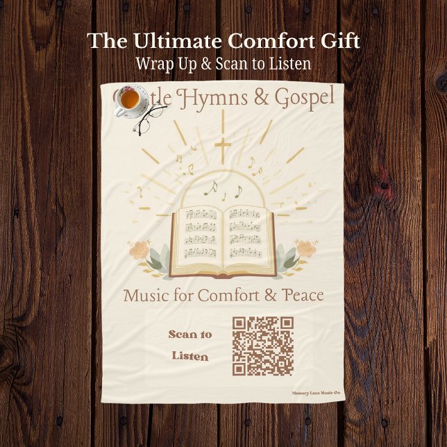 Cosy Music Therapy QR Code Blanket - Classic Hymns (Senior sensory blanket featuring a vintage hymn book and a scannable QR code for classic hymns.)