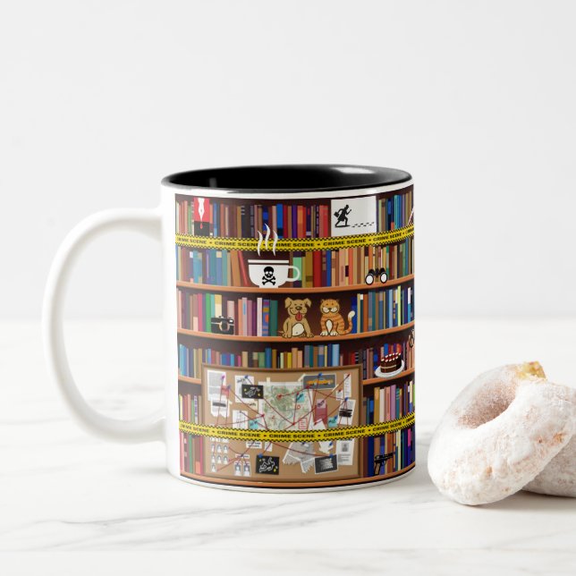 Cosy Mysteries Bookshelf Two-Tone Coffee Mug (With Donut)