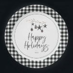 Cosy Nature Holiday Party Paper Plate<br><div class="desc">Modern simplistic cosy nature,  Holiday party paper plate. Watercolor branch adorned with pinecones and decorative star ornaments,  chic typography design with trendy plaid pattern border.</div>