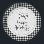 Cosy Nature Holiday Party Paper Plate<br><div class="desc">Modern simplistic cosy nature,  Holiday party paper plate. Watercolor branch adorned with pinecones and decorative star ornaments,  chic typography design with trendy plaid pattern border.</div>