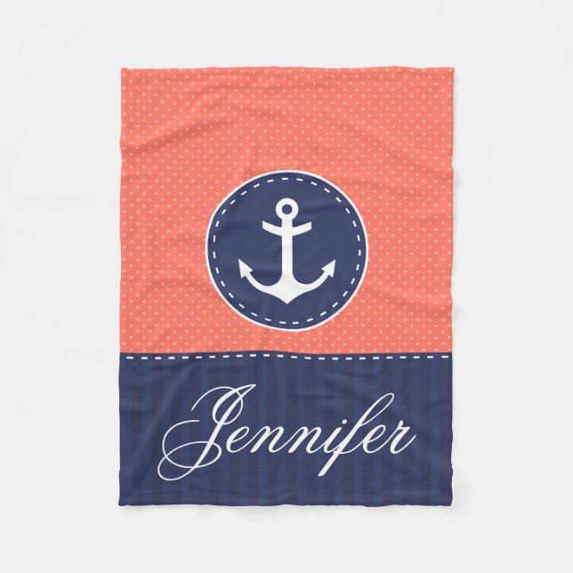 Cosy Nautical Coral Blue Anchor Custom Text Fleece Blanket (Front)