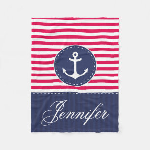 Cosy Nautical Red Blue Anchor Custom Text Fleece Blanket