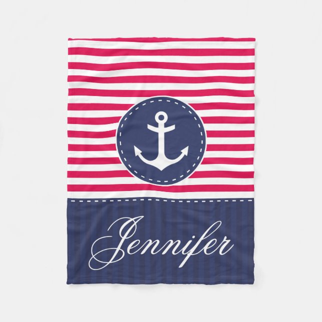 Cosy Nautical Red Blue Anchor Custom Text Fleece Blanket (Front)