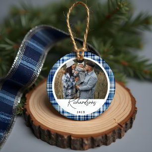 Cosy Navy and Blue Plaid fabric Family Photo Ceramic Ornament