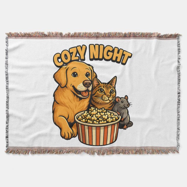 Cosy Night Movie Time – Cute Dog,Cat,Mouse Popcorn Throw Blanket (Front)