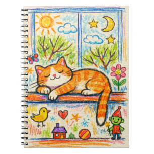 Cosy Orange Cat on Windowsill Whimsical Crayon Art Notebook