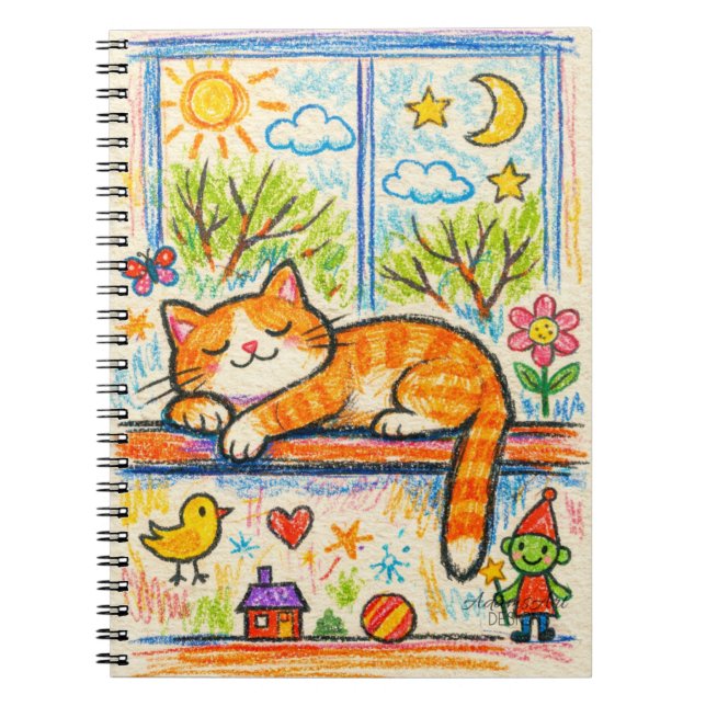 Cosy Orange Cat on Windowsill Whimsical Crayon Art Notebook (Front)