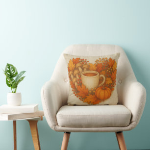 cosy orange rustic cocoa autumn heart illustration cushion