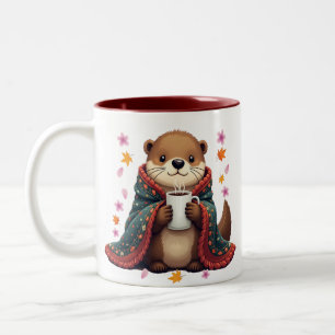 Cosy Otter - Otter in Blanket with Coffee & Autumn Two-Tone Coffee Mug