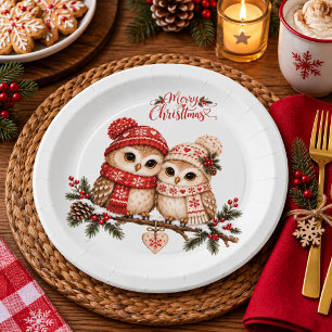 Cosy Owl Couple Scandinavian Christmas Party Paper Plate