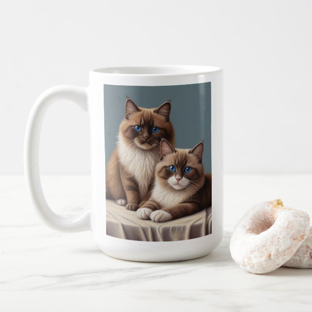 Cosy Pair of Ragdoll Cats Fluffy Pet Art  Coffee Mug (With Donut)