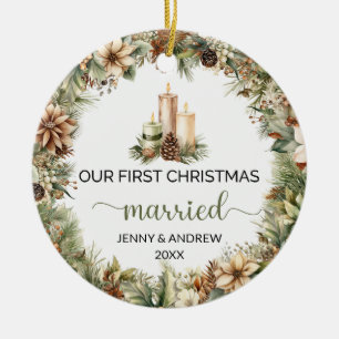 Cosy pastel green and beige Christmas candles Ceramic Ornament