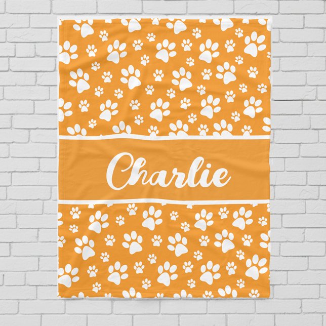 Cosy Paw Print Personalised Dog Blanket – Orange (Dog blanket - personalized with name and color - orange)