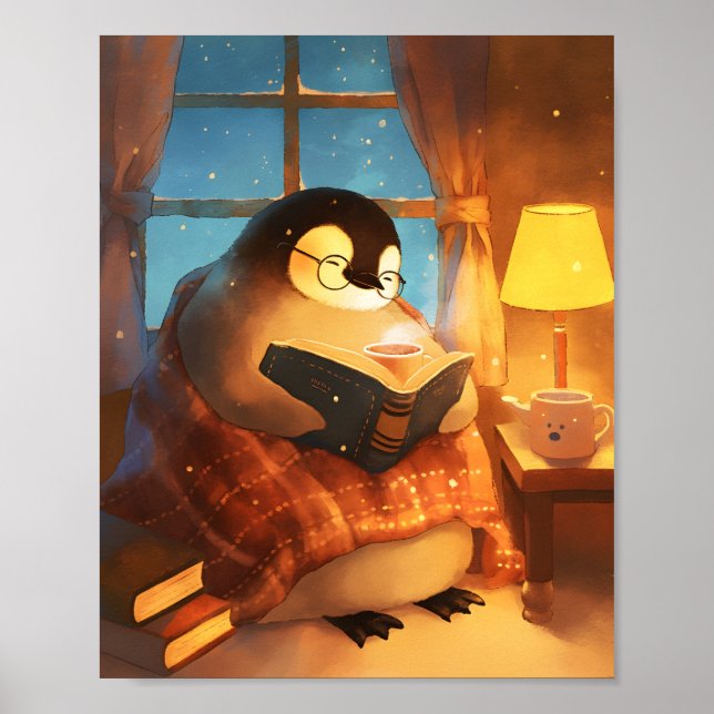 Cosy Penguin Reading Nursery Wall Art Print Poster (Front)