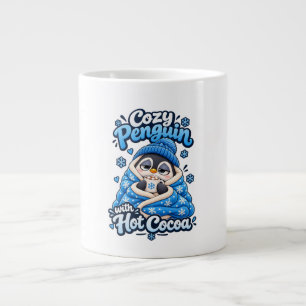 Cosy Penguin with Hot Cocoa – Cute Winter Snowflak Large Coffee Mug