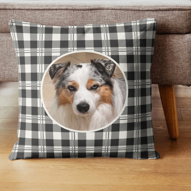 Cosy Pet Photo Dark Grey Buffalo Plaid Design Cushion (Buffalo Plaid Dark Gray and Buttercream Photo Throw Pillow)