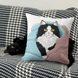 Cosy Pink Blue Whimsical Tuxedo Cat Blankets Cushion