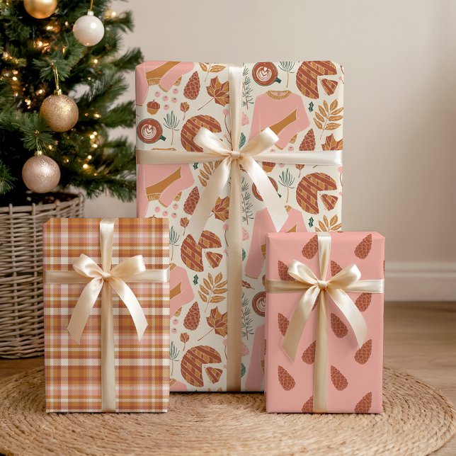 Cosy Pink & Brown Pinecones Plaid Holiday Sweater Wrapping Paper Sheet (Creator Uploaded)