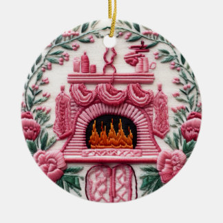Cosy Pink Christmas Fireplace Ceramic Ornament