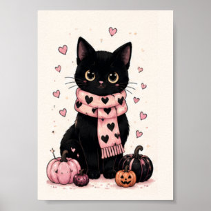Cosy Pink Heart Scarf Black Cat Poster