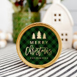 Cosy Plaid | Green and Black Buffalo Plaid Classic Round Sticker<br><div class="desc">Show off your Christmas spirit with rustic holiday stickers. The Cosy Plaid stickers feature a green and black buffalo plaid pattern background, faux gold foil graphics and text that say "Merry Christmas", and your custom text below. The Christmas stickers are perfect to use as envelope seals, party favours, and more....</div>