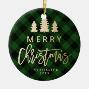 Cosy Plaid Green and Black Buffalo Plaid Photo Ceramic Ornament