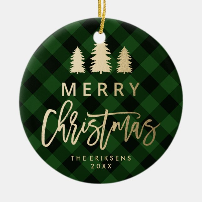 Cosy Plaid | Green and Black Buffalo Plaid Photo Ceramic Ornament (Front)