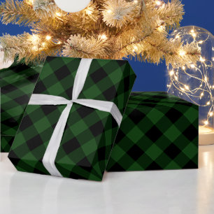 Cosy Plaid   Green and Black Buffalo Plaid Wrapping Paper